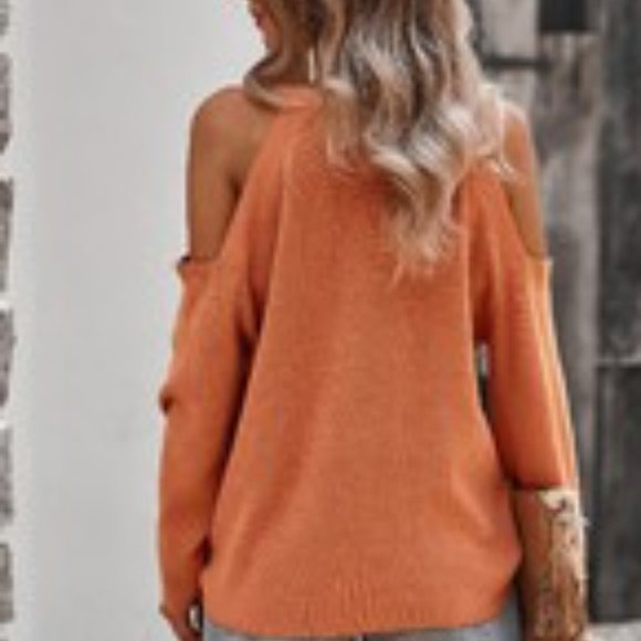 Solid Burnt Orange Cold Shoulder Loose Fit Sweater - Picture 2 of 2
